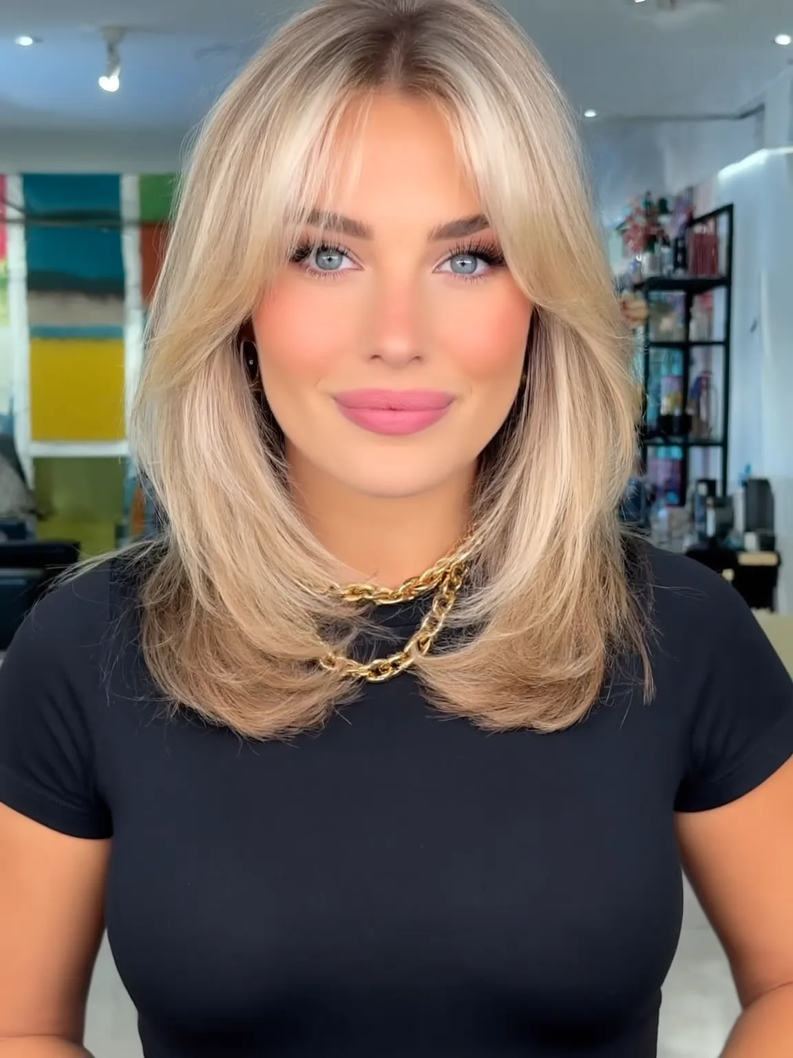 Medium Feathered Layers with Lowlight Accents in Platinum Blonde